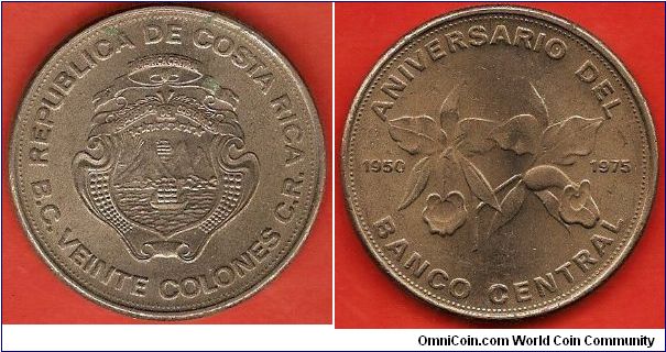20 colones
Banco Central de Costa Rica (B.C. - C.R.)
copper-nickel
25th anniversary of the Central Bank of Costa Rica