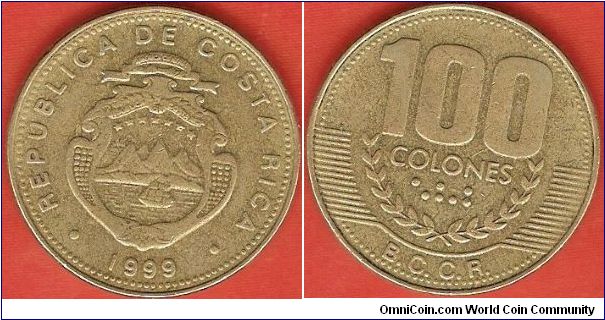 100 colones
Banco Central de Costa Rica (B.C.C.R.)
brass
small letters