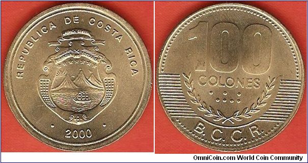 100 colones
Banco Central de Costa Rica (B.C.C.R.)
brass
new smaller design