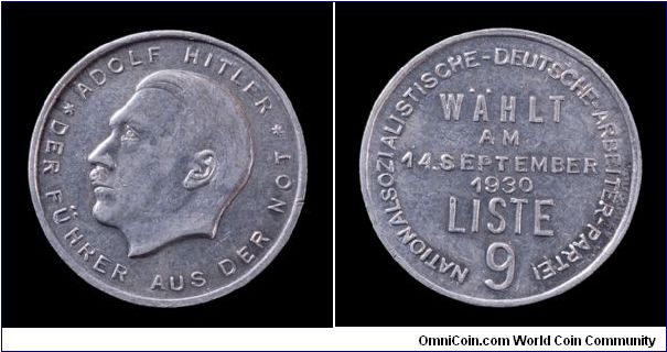 NSDAP 1930 Election token. Obverse die A. Reverse Large 9 die.