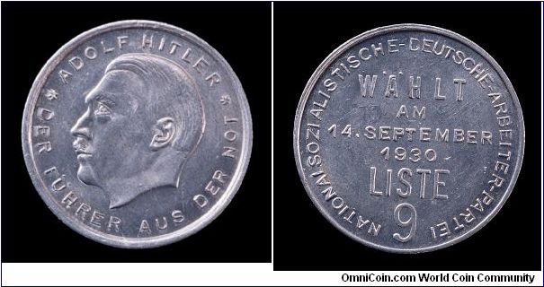 NSDAP Election Token, Large 9 reverse. Obverse Type B, one of three varieties for the large 9 and two additional for the small 9. Apparently struck in large numbers. From the John J. Ford Collection.