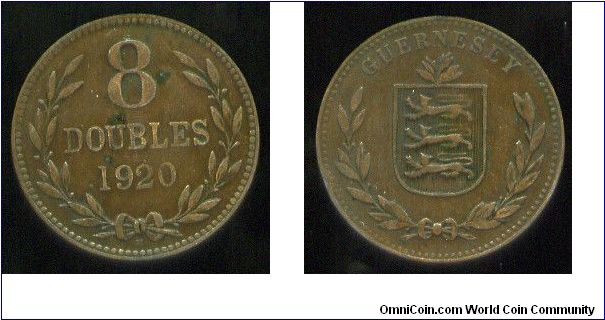 8 Doubles
1920 H
Heton Mint
Value & date in wreath
Coat of arms in wreath