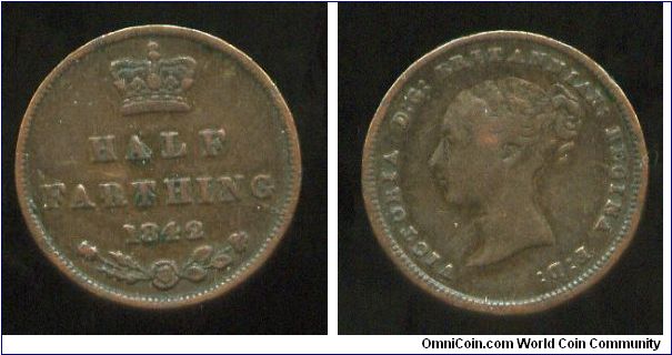 Half Farthing
Initialy produced for use in Ceylon but made legal tender in the UK 1842
Crown above value & date, a rose, thistle, and shamrock in ex
Queen Victoria