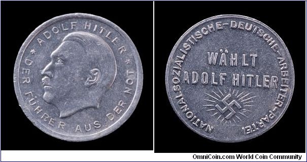 NSDAP election token from the 1932 presidential elections. Aluminum