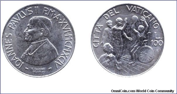 Vatican City, 100 liras, 1994, Ball playing in wheel-chair, Pope Joannes Paulus II.                                                                                                                                                                                                                                                                                                                                                                                                                                 