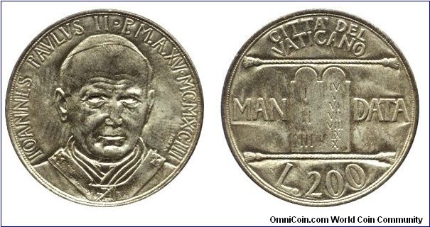 Vatican City, 200 liras, 1993, Man*data, Pope Joannes Paulus II.                                                                                                                                                                                                                                                                                                                                                                                                                                                    