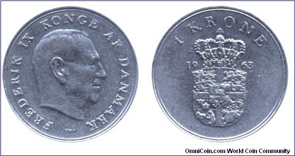 Denmark, 1 krone, 1963, Cu-Ni, Frederik IX King of Denmark.                                                                                                                                                                                                                                                                                                                                                                                                                                                         