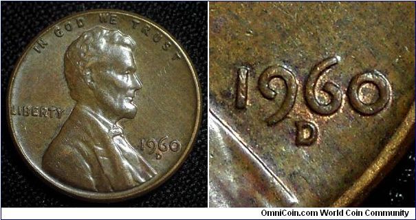 1960D Lincoln, One Cent, Re-punched Mint Mark, Nice Wide Spread North, Shows a Die Gouge in the Tail of the 9