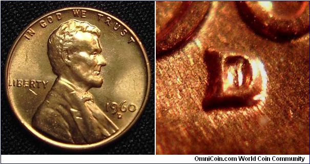 1960D Lincoln, One Cent, Re-punched Mint Mark, Secondary East of the Primary