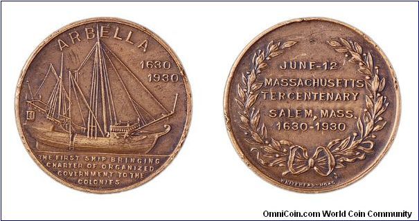 Salem token for the Massachusetts Bay Tercentenary featuring the ship Arbella.