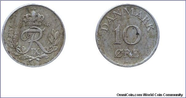 Denmark, 10 öre, 1956, Cu-Ni, Sign of Frederik IX.                                                                                                                                                                                                                                                                                                                                                                                                                                                                  