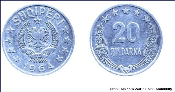 Albania, 20 qindarka, 1964, Al.                                                                                                                                                                                                                                                                                                                                                                                                                                                                                     