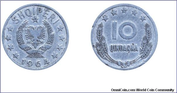 Albania, 10 qindarka, 1964, Al.                                                                                                                                                                                                                                                                                                                                                                                                                                                                                     