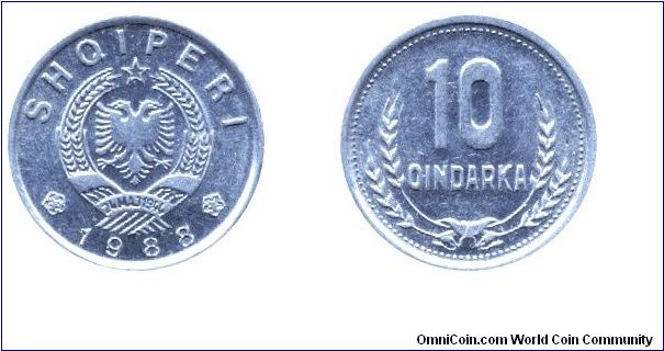 Albania, 10 qindarka, 1988, Al.                                                                                                                                                                                                                                                                                                                                                                                                                                                                                     