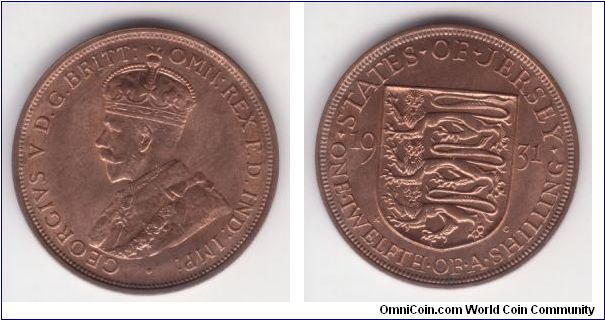 KM-16, 1931 Jersey 1/12'th of a shilling (penny); mostly bright red, orangy coin, almost uncirculated