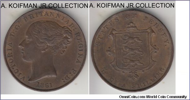 KM-3, 1861 Jersey 1/13'th of a shilling; copper, plain edge; Victoria, very nice good extra fine to about uncirculated, this is a an H.K.Fear 2-D or 6-D die pair variety.