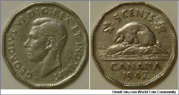 Canada, 5 cents, 1947 ML (1946-1947) Regulation Coin, the Beaver