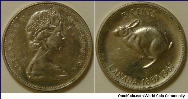 Canada, 5 cents, 1967 100th Anniversary of the Confederation of Canada (the Hopping Rabbit)