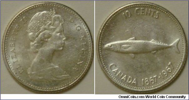 Canada, 10 cents, 1967 100th Anniversary of the Confederation of Canada (the Mackerel), silver
