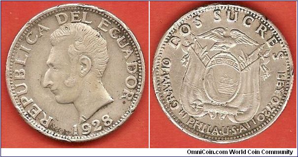 2 sucres
head of Sucre
Philadelphia Mint U.S.A.
10 grams, 0.720 silver
mintage 500,000