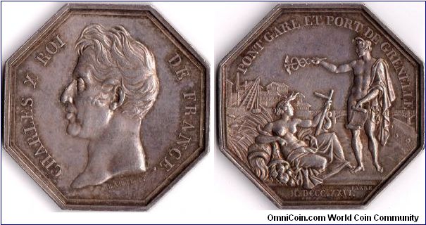 1826 Charles X of France silver jeton depicting the bridge, port and station of Grenelle, Paris. Examples of this jeton are becoming hard to find. This one without any edge mark (original strike).