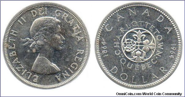 1964 1 Dollar - The reverse of this coin commemorates the meetings at Charlottetown and Quebec in 1864 that lead to Confederation in 1867.