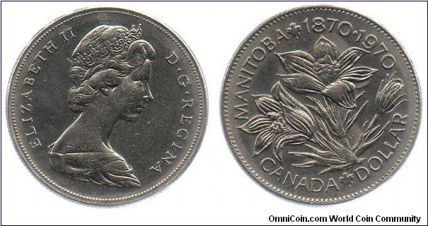 1970 1 Dollar - The reverse features the Prairie crocus, the provincial flower of Manitoba for the centenary of that province's entry into Confederation.