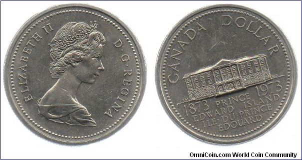 1973 1 Dollar - This coin commemorates the entry of Prince Edward Island into Confederation in 1873. The building on the reverse is the Provincial legislature of PEI