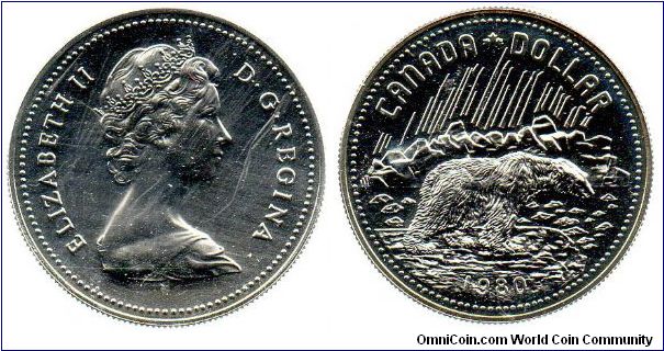 1980 silver 1 Dollar - This non-circulating dollar featuring a Polar Bear was issued to commemorate the centenary of the transfer of the Arctic islands to Canada from the British government.