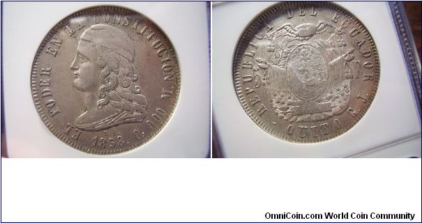 Very famous and important coin from Ecuador,5 francos anos 1858,Extra Fine!