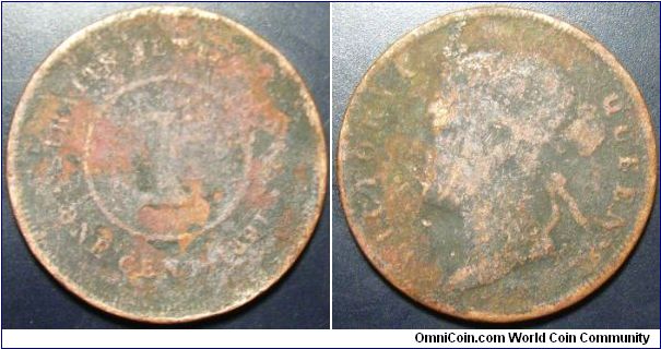 Malaya 1891 (? 1881?) 1 cent. With ugly crust.