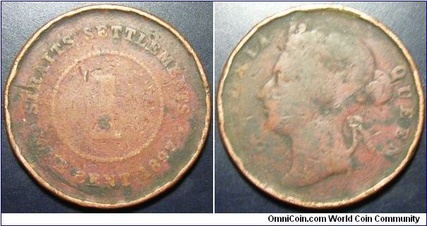 Malaya 1897 1 cent. Spooned edge.