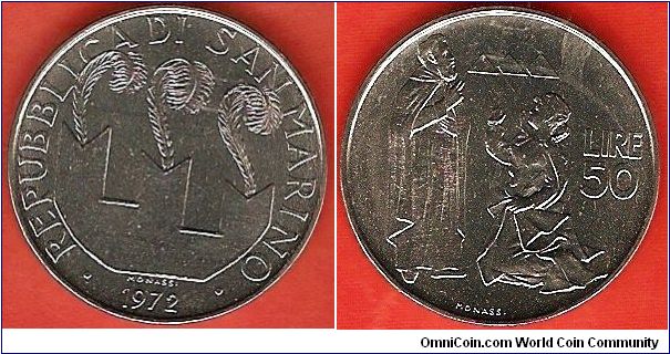 50 lire
female kneeling before St. Marinus
steel