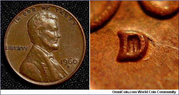 1960D Lincoln, One Cent, Re-punched Mint Mark