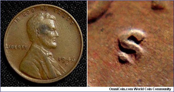 1946S Lincoln, One Cent, Inverted Mint Mark