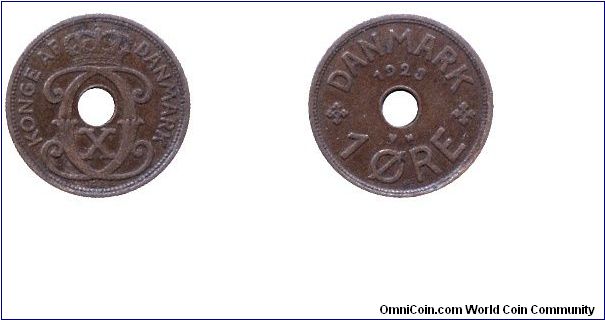 Danmark, 1 öre, 1928, Bronze, holed, Sign of Christian X.                                                                                                                                                                                                                                                                                                                                                                                                                                                           
