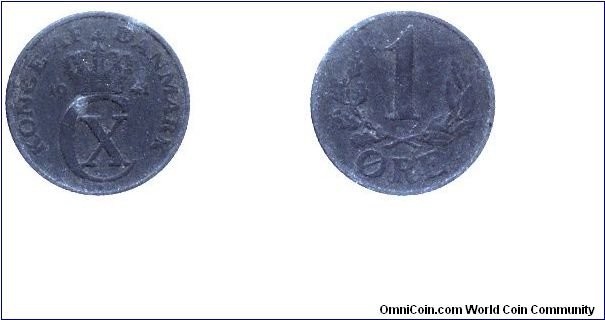 Denmark, 1 öre, 1941, Zn, Sign of Christian X.                                                                                                                                                                                                                                                                                                                                                                                                                                                                      