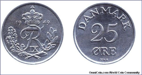 Denmark, 25 öre, 1949, Cu-Ni, Sign of Frederik IX.                                                                                                                                                                                                                                                                                                                                                                                                                                                                  