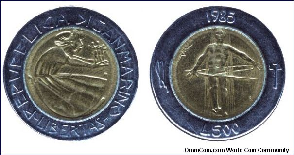 San Marino, 500 liras, 1985, Al-Bronze-Steel, bi-metallic, War on drugs - cured addict.                                                                                                                                                                                                                                                                                                                                                                                                                             