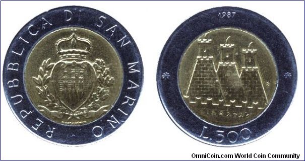 San Marino, 500 liras, 1987, Al-Bronze-Steel, bi-metallic, 15th Anniversary of Resumption of Coinage.                                                                                                                                                                                                                                                                                                                                                                                                               
