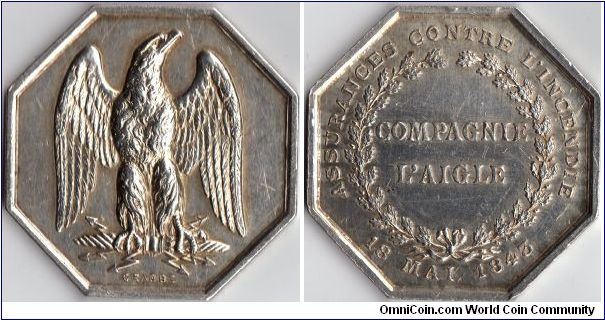 Silver jeton de presence issued for `L'Aigle' (The Eagle), a company assuring against fire risk in France.This one engraved by Crabbe circa 1880's.