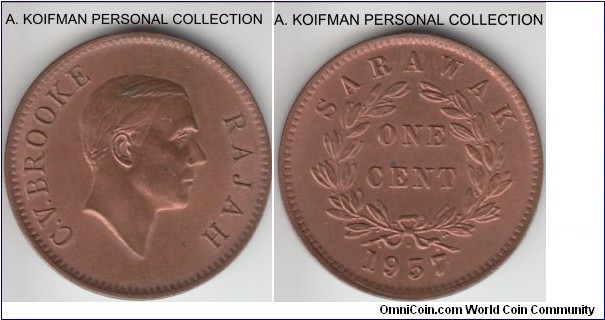 KM-18, 1937 Sarawak cent, Heaton mint (H mint mark); bronze, plain edge; red uncirculated, nice.