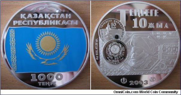 1000 Tenge - 10 years of Tenge, coin 1 - 67.25 g Ag .925 Proof - mintage 3,000