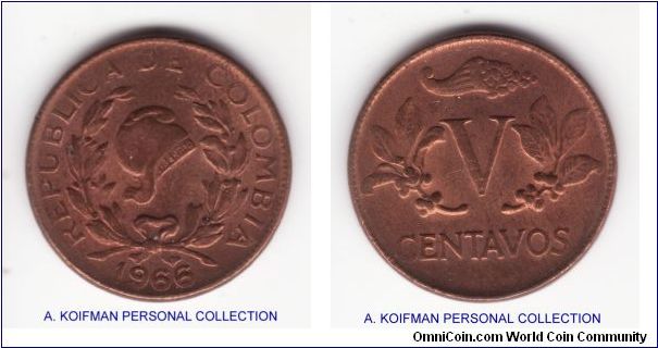 KM-206, 1966 Colombia 5 centavos; typically weak strike; bronze plain edge
