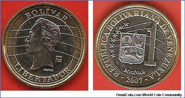 1 bolivar
bimetallic coin: nickel center + aluminum-bronze ring