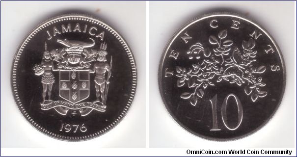 1976 Jamaica proof 10 cents, copper nickel, from the short 7 coin set PS-14