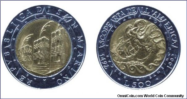 San Marino, 500 liras, 1992, Al-Bronze-Steel, bi-metallic, 1492-1992 Colombus - Winds blowing ship.                                                                                                                                                                                                                                                                                                                                                                                                                 