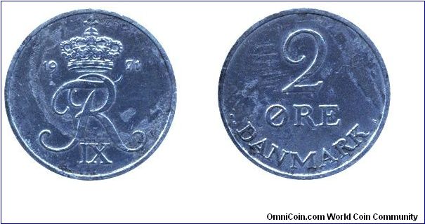 Denmark, 2 öre, 1971, Zn, Sign of Frederik IX.                                                                                                                                                                                                                                                                                                                                                                                                                                                                      