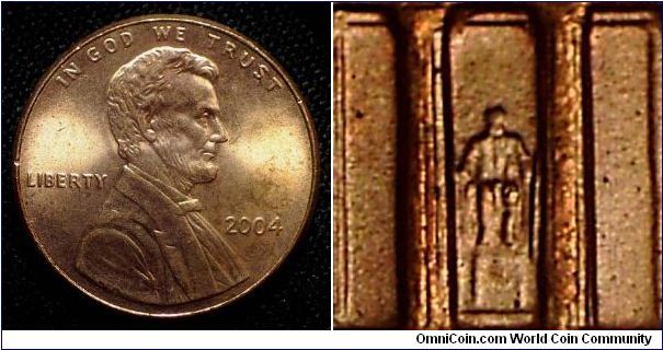 2004 Lincoln Cent, Strong Doubling of the 7th Column, Both of the Statue's Knees and One Foot. This Die is also Listed as a Trail Die Showing Trails on Some of the Reverse Devices.