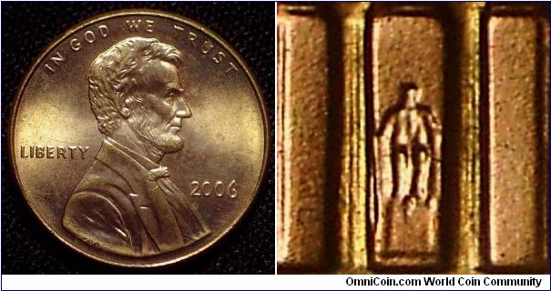 2006 Lincoln Cent, Nice Doubling of the Sixth Column and Both Feet of the Statue.